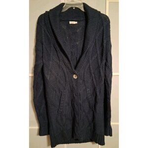 Faherty Long Cardigan Womens M Dark Blue Chunky Knit Sweater Button Pockets Boho